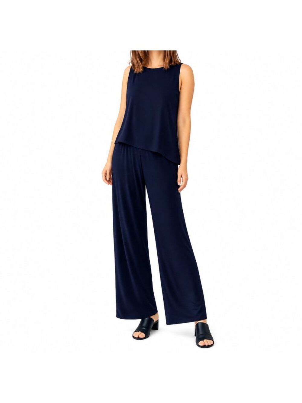 NEW Nina Leonard Navy Blue Wide Leg Sleeveless Jumpsuit Size Medium